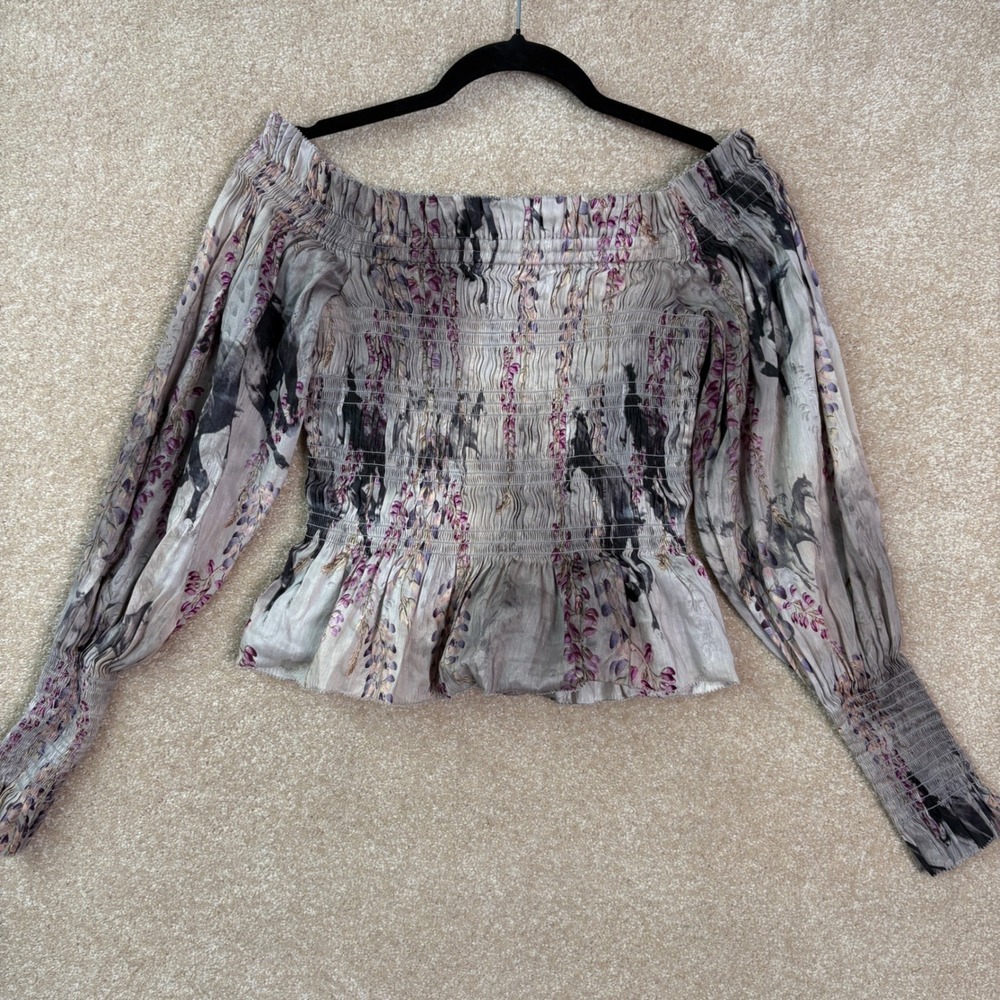 ALLSAINTS Top Womens 8 Grey Lara Dionne Silk Linen Smocked Off Shoulder